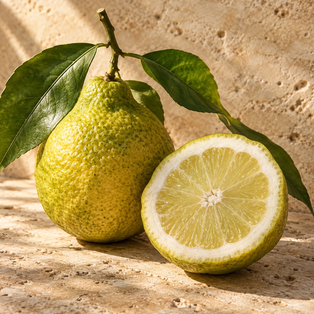 Golden green bergamot fruit with leaves on pale stone