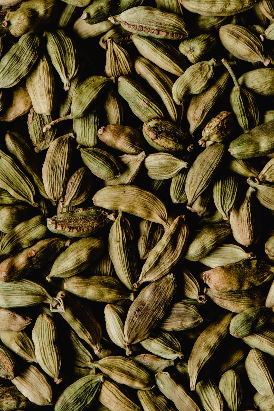 A close-up photograph of green cardamom pods