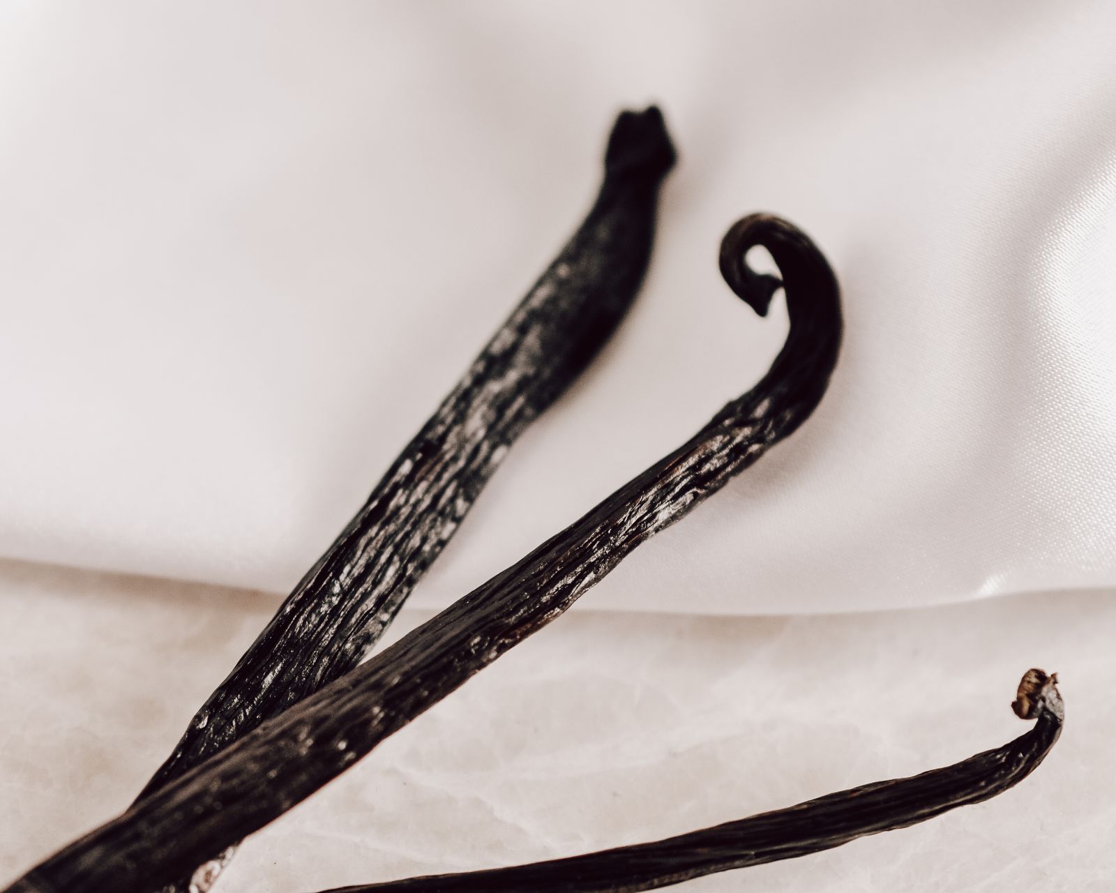Real vanilla pods on softly folded ivory fabric
