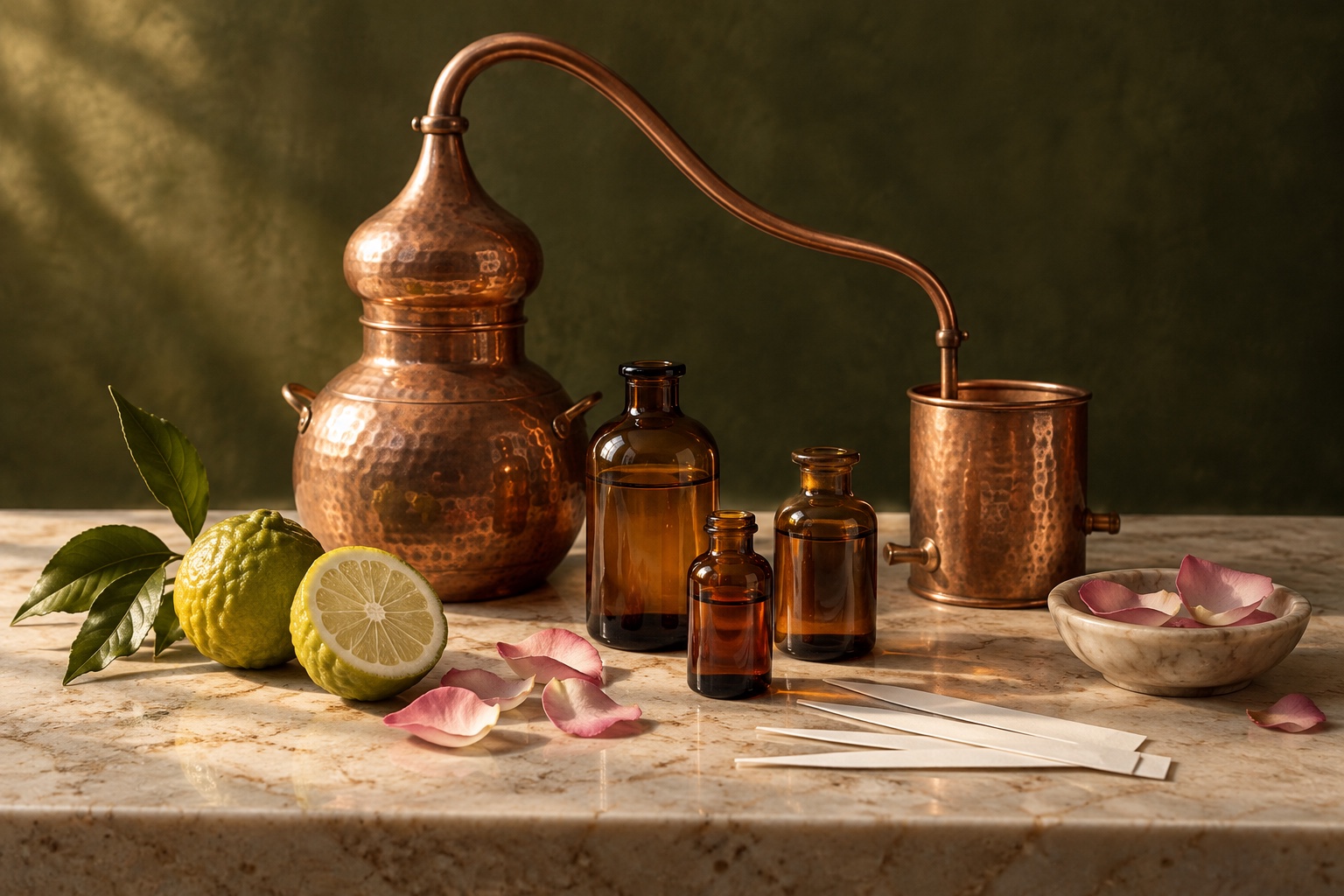 Copper perfume still, amber glass, citrus and rose petals